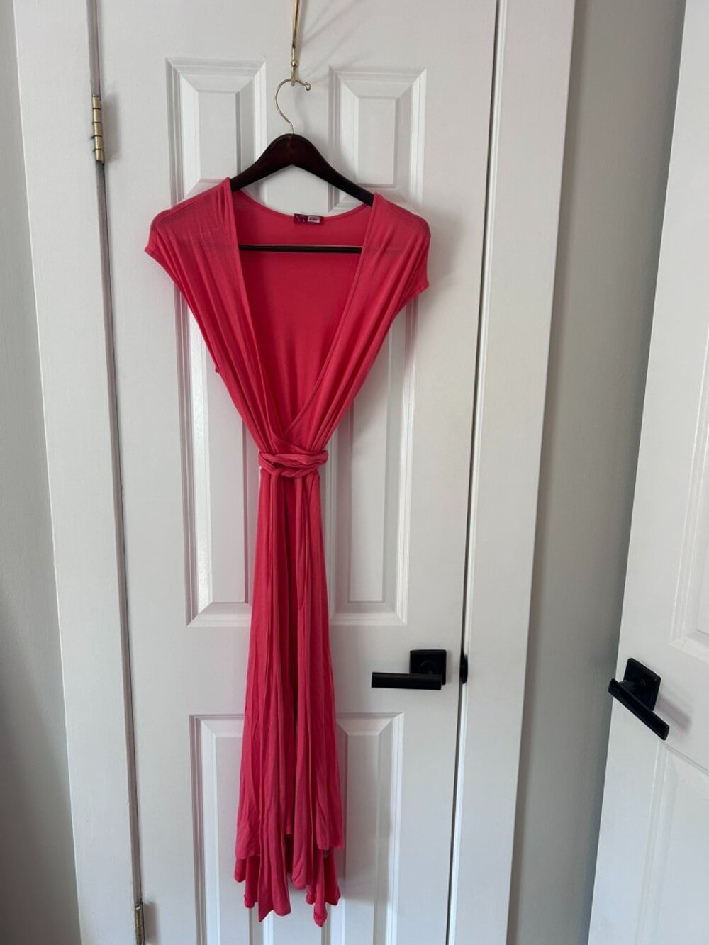 Hourglass Coral Faux Wrap Maxi Dress Cap Sleeve Handkerchief Hem Size S